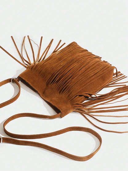 1pc Women Vintage Fringed Bucket Bag, Reversible Fringe Shoulder Crossbody Small Purse