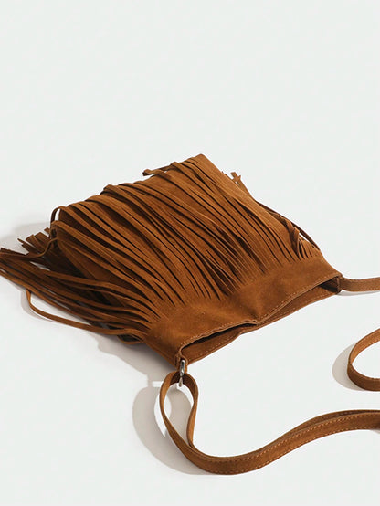 1pc Women Vintage Fringed Bucket Bag, Reversible Fringe Shoulder Crossbody Small Purse
