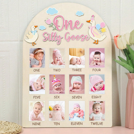 1pc Wooden "A Silly Goose" Photo Board, Goose Themed Birthday Party Decor, 12 Month Milestone Photo Frame, 1st Birthday Banner, Suitable For Baby Girl, Keepsake Gift, Nursery Decor, Newborn Essentials