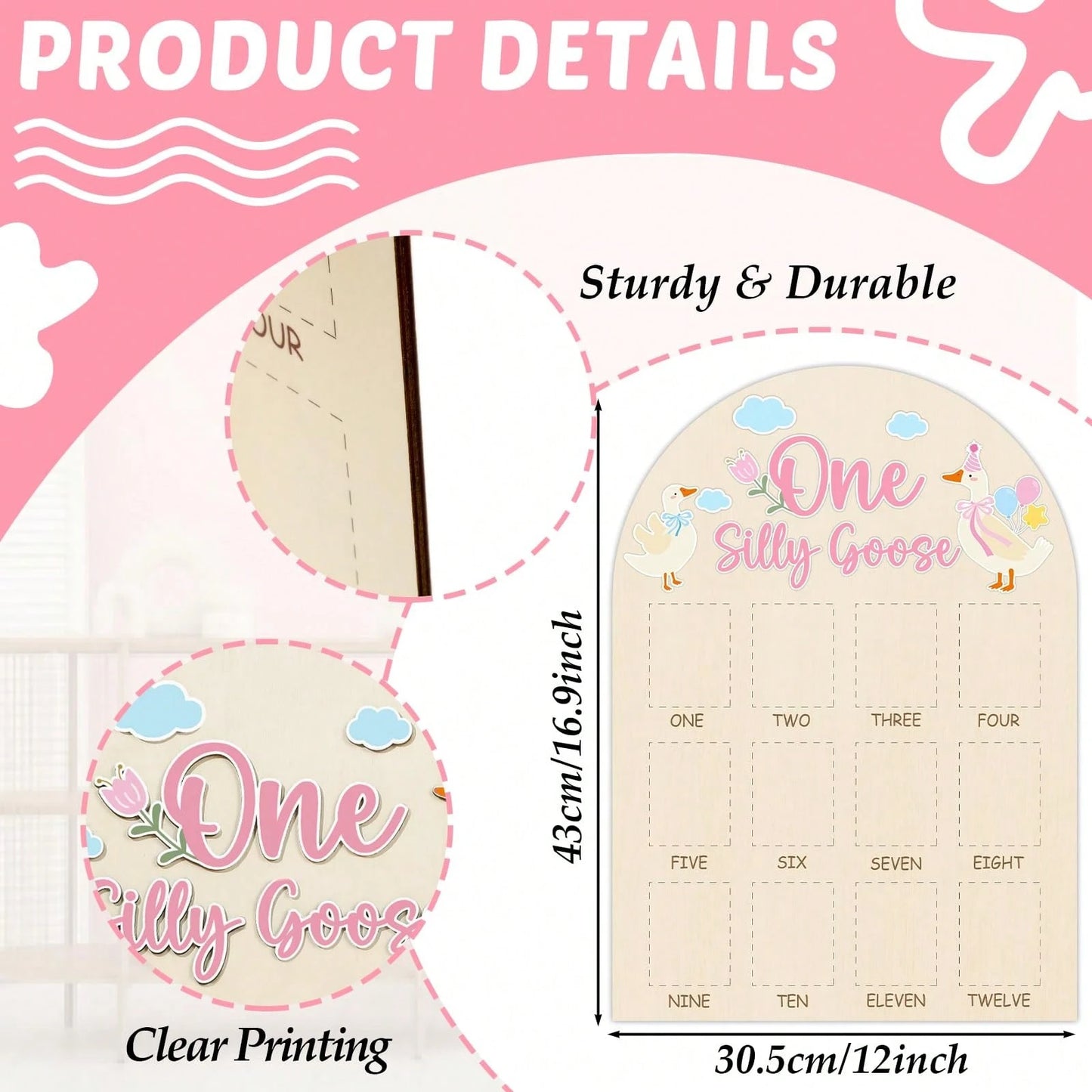 1pc Wooden "A Silly Goose" Photo Board, Goose Themed Birthday Party Decor, 12 Month Milestone Photo Frame, 1st Birthday Banner, Suitable For Baby Girl, Keepsake Gift, Nursery Decor, Newborn Essentials