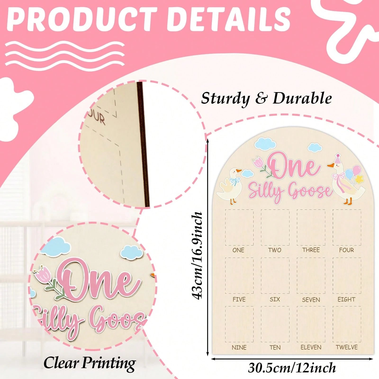 1pc Wooden "A Silly Goose" Photo Board, Goose Themed Birthday Party Decor, 12 Month Milestone Photo Frame, 1st Birthday Banner, Suitable For Baby Girl, Keepsake Gift, Nursery Decor, Newborn Essentials