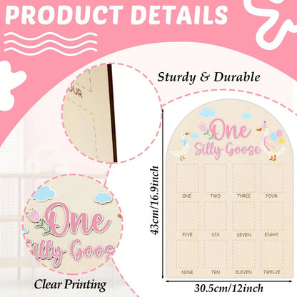 1pc Wooden "A Silly Goose" Photo Board, Goose Themed Birthday Party Decor, 12 Month Milestone Photo Frame, 1st Birthday Banner, Suitable For Baby Girl, Keepsake Gift, Nursery Decor, Newborn Essentials