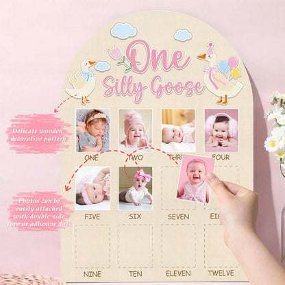 1pc Wooden "A Silly Goose" Photo Board, Goose Themed Birthday Party Decor, 12 Month Milestone Photo Frame, 1st Birthday Banner, Suitable For Baby Girl, Keepsake Gift, Nursery Decor, Newborn Essentials