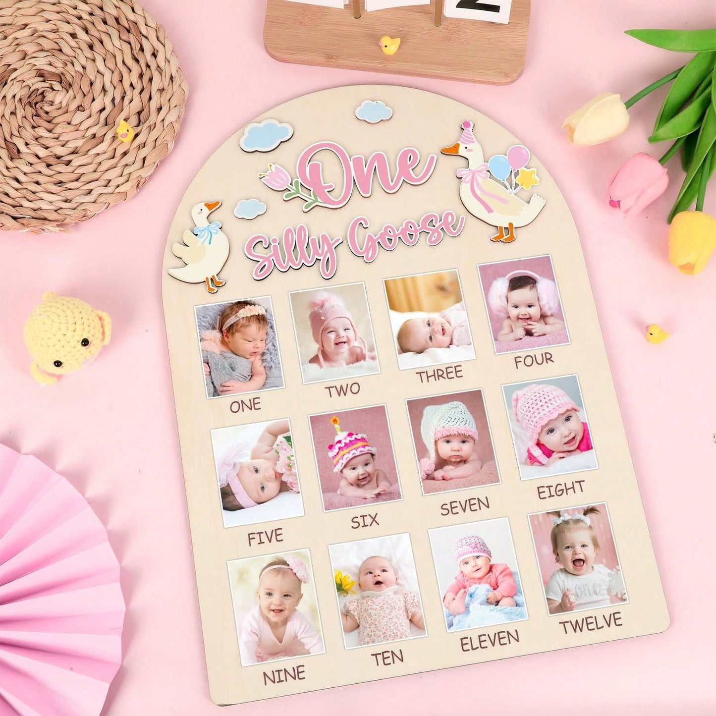 1pc Wooden "A Silly Goose" Photo Board, Goose Themed Birthday Party Decor, 12 Month Milestone Photo Frame, 1st Birthday Banner, Suitable For Baby Girl, Keepsake Gift, Nursery Decor, Newborn Essentials