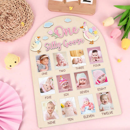 1pc Wooden "A Silly Goose" Photo Board, Goose Themed Birthday Party Decor, 12 Month Milestone Photo Frame, 1st Birthday Banner, Suitable For Baby Girl, Keepsake Gift, Nursery Decor, Newborn Essentials