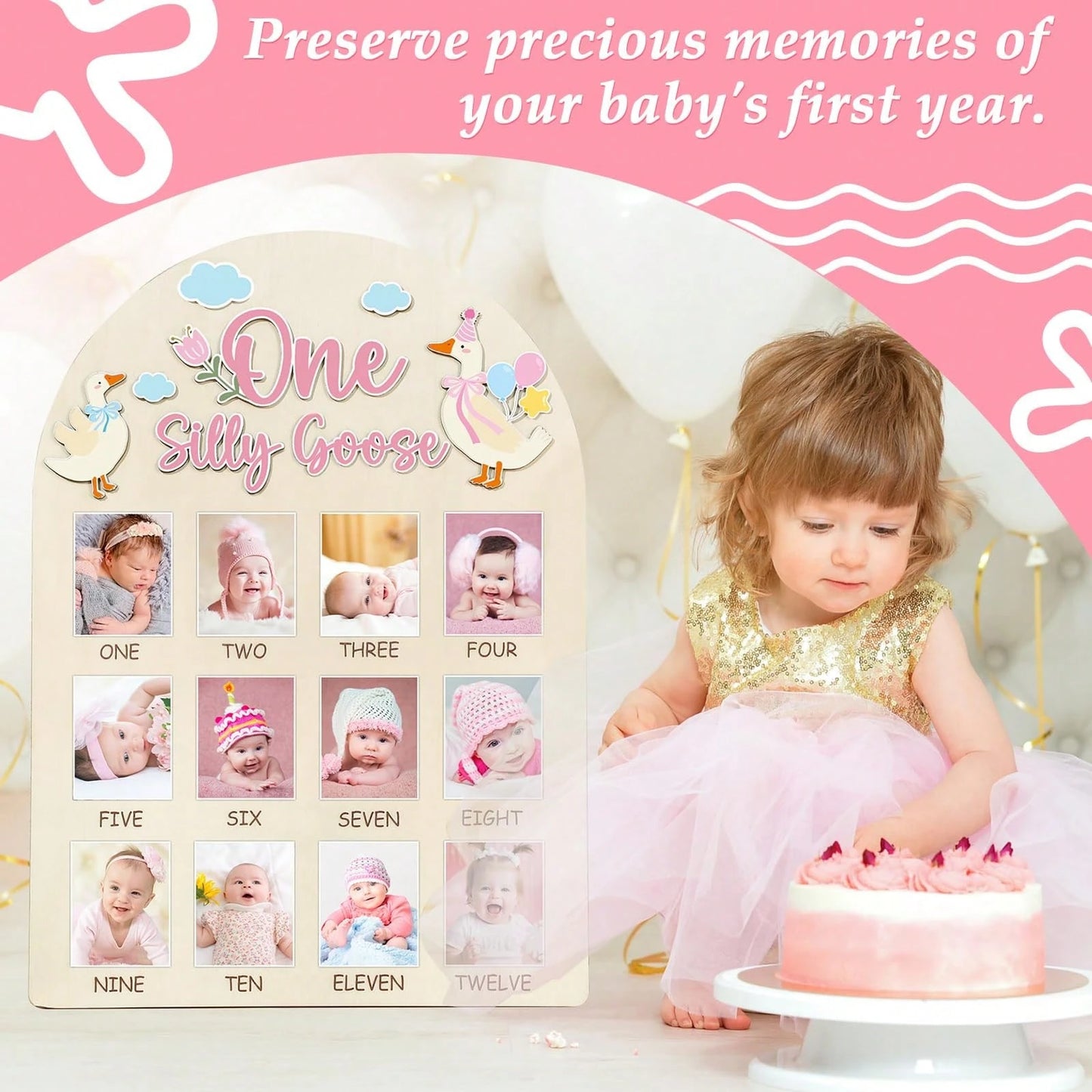 1pc Wooden "A Silly Goose" Photo Board, Goose Themed Birthday Party Decor, 12 Month Milestone Photo Frame, 1st Birthday Banner, Suitable For Baby Girl, Keepsake Gift, Nursery Decor, Newborn Essentials