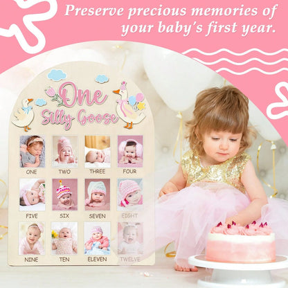 1pc Wooden "A Silly Goose" Photo Board, Goose Themed Birthday Party Decor, 12 Month Milestone Photo Frame, 1st Birthday Banner, Suitable For Baby Girl, Keepsake Gift, Nursery Decor, Newborn Essentials