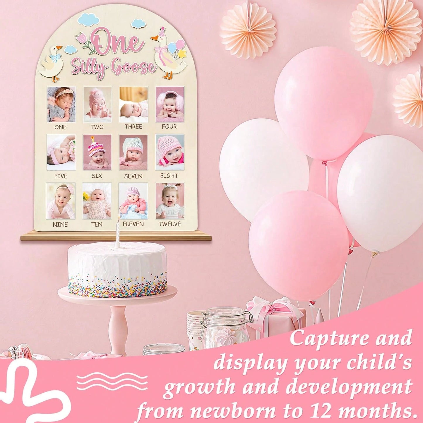 1pc Wooden "A Silly Goose" Photo Board, Goose Themed Birthday Party Decor, 12 Month Milestone Photo Frame, 1st Birthday Banner, Suitable For Baby Girl, Keepsake Gift, Nursery Decor, Newborn Essentials