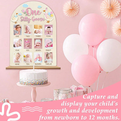 1pc Wooden "A Silly Goose" Photo Board, Goose Themed Birthday Party Decor, 12 Month Milestone Photo Frame, 1st Birthday Banner, Suitable For Baby Girl, Keepsake Gift, Nursery Decor, Newborn Essentials