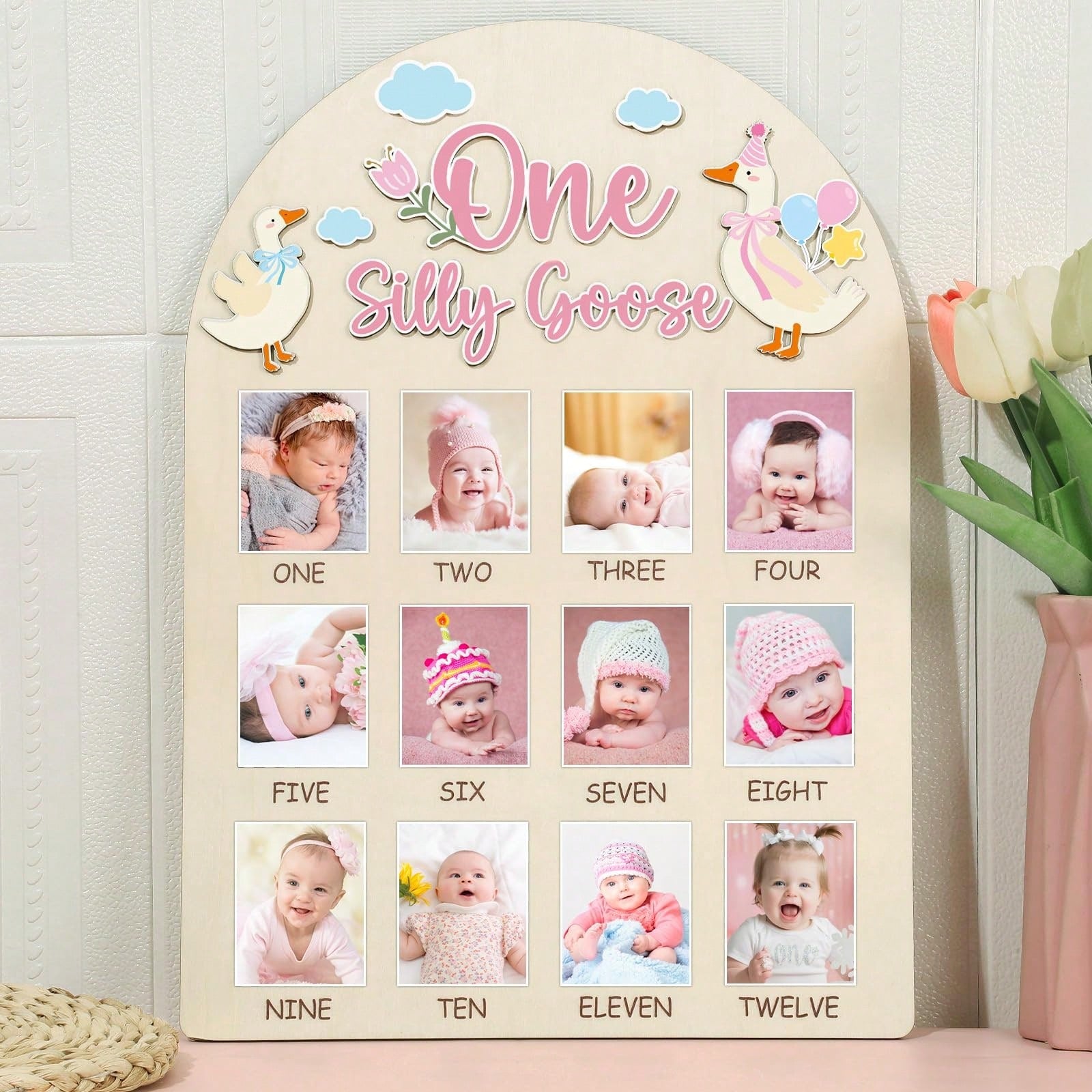 1pc Wooden "A Silly Goose" Photo Board, Goose Themed Birthday Party Decor, 12 Month Milestone Photo Frame, 1st Birthday Banner, Suitable For Baby Girl, Keepsake Gift, Nursery Decor, Newborn Essentials