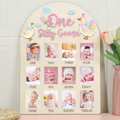 1pc Wooden "A Silly Goose" Photo Board, Goose Themed Birthday Party Decor, 12 Month Milestone Photo Frame, 1st Birthday Banner, Suitable For Baby Girl, Keepsake Gift, Nursery Decor, Newborn Essentials