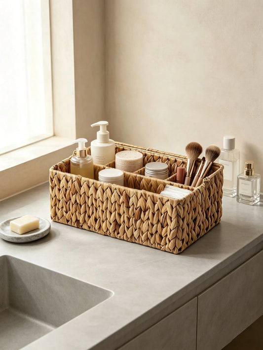 1pc Woven Divided Storage Basket Multi Compartment Bathroom Vanity Organizer Caddy Rustic Wicker Tray Makeup Skincare Toiletries Kitchen Countertop Home Decor Gift For Her Bedroom Living Room