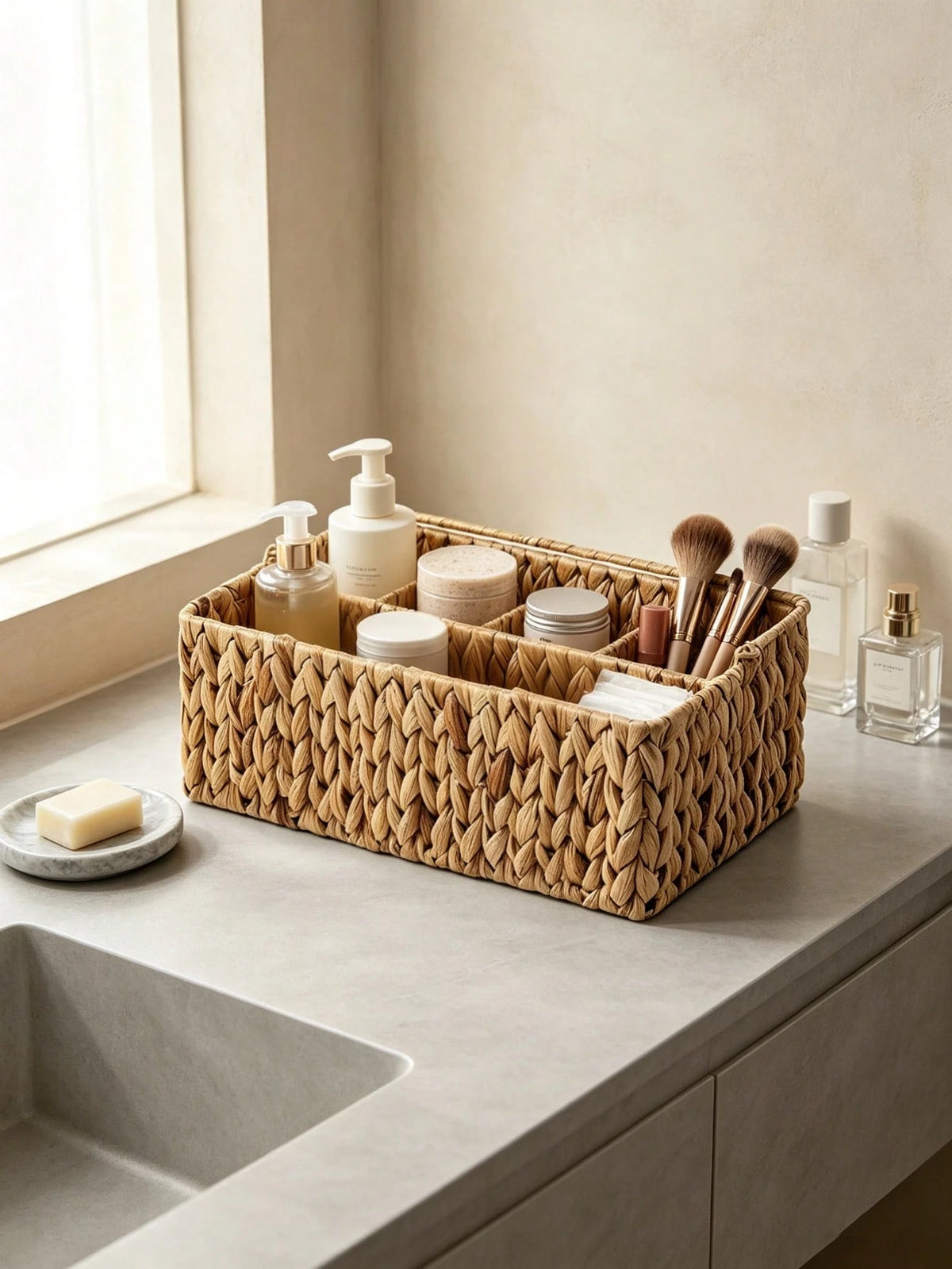 1pc Woven Divided Storage Basket Multi Compartment Bathroom Vanity Organizer Caddy Rustic Wicker Tray Makeup Skincare Toiletries Kitchen Countertop Home Decor Gift For Her Bedroom Living Room