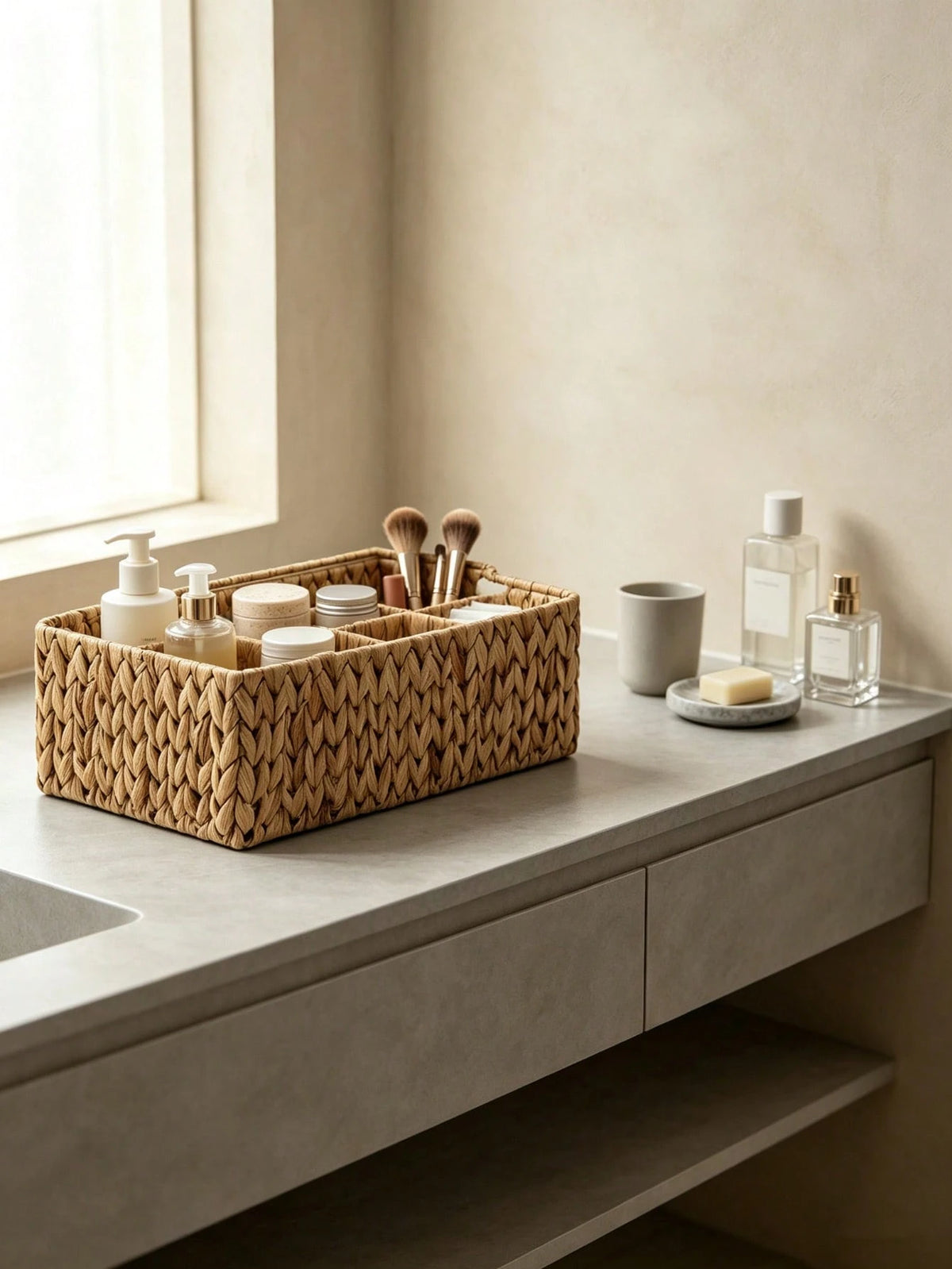 1pc Woven Divided Storage Basket Multi Compartment Bathroom Vanity Organizer Caddy Rustic Wicker Tray Makeup Skincare Toiletries Kitchen Countertop Home Decor Gift For Her Bedroom Living Room
