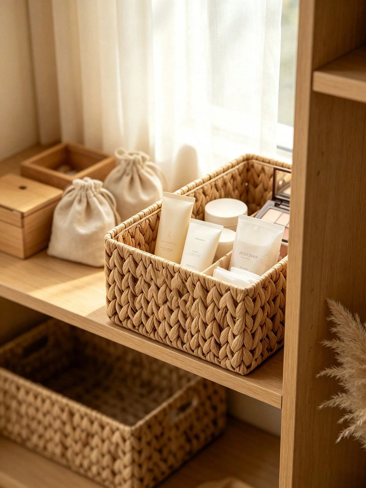 1pc Woven Divided Storage Basket Multi Compartment Bathroom Vanity Organizer Caddy Rustic Wicker Tray Makeup Skincare Toiletries Kitchen Countertop Home Decor Gift For Her Bedroom Living Room