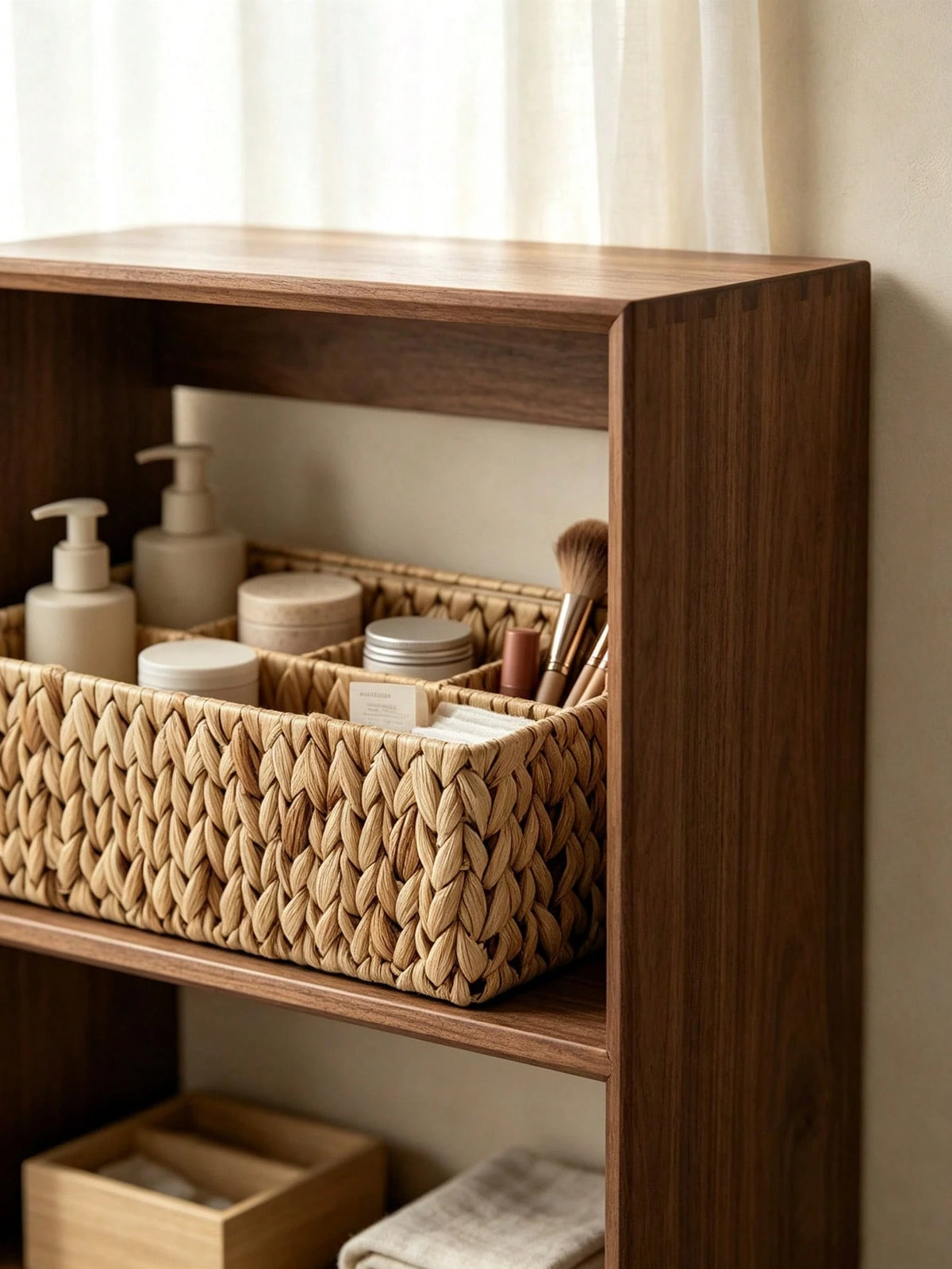 1pc Woven Divided Storage Basket Multi Compartment Bathroom Vanity Organizer Caddy Rustic Wicker Tray Makeup Skincare Toiletries Kitchen Countertop Home Decor Gift For Her Bedroom Living Room