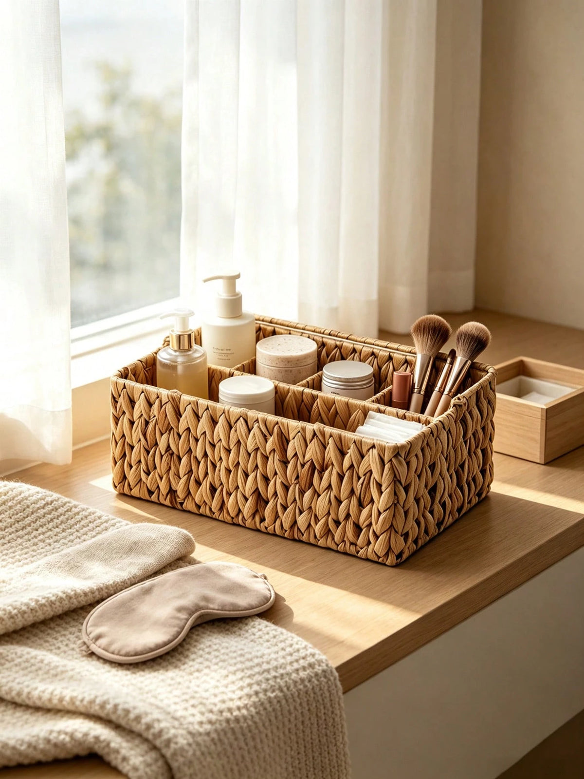 1pc Woven Divided Storage Basket Multi Compartment Bathroom Vanity Organizer Caddy Rustic Wicker Tray Makeup Skincare Toiletries Kitchen Countertop Home Decor Gift For Her Bedroom Living Room