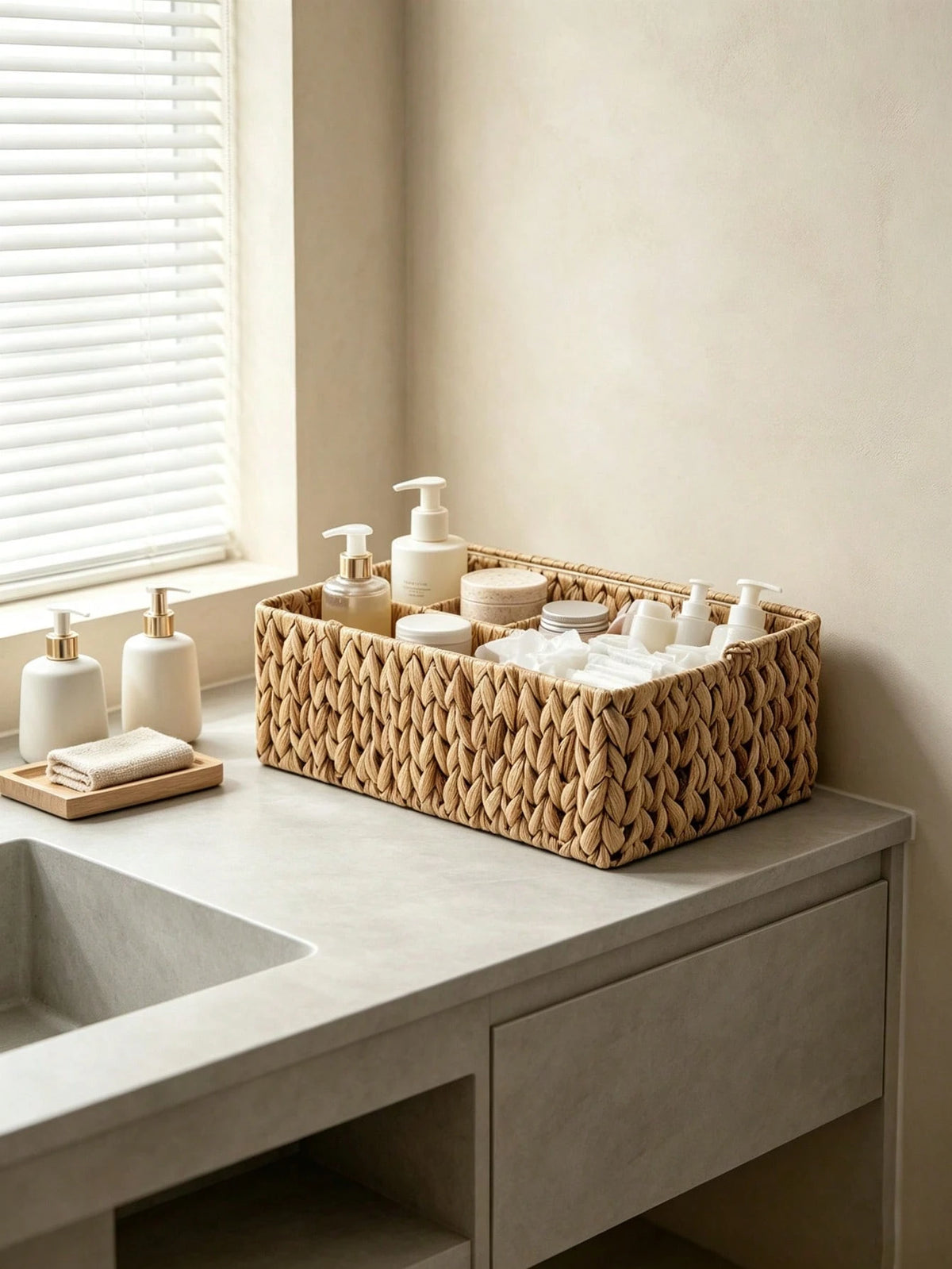 1pc Woven Divided Storage Basket Multi Compartment Bathroom Vanity Organizer Caddy Rustic Wicker Tray Makeup Skincare Toiletries Kitchen Countertop Home Decor Gift For Her Bedroom Living Room