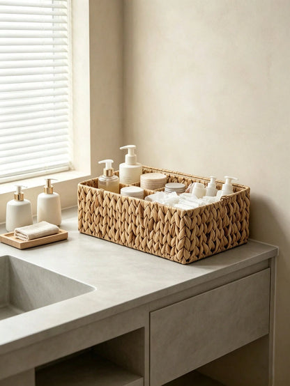 1pc Woven Divided Storage Basket Multi Compartment Bathroom Vanity Organizer Caddy Rustic Wicker Tray Makeup Skincare Toiletries Kitchen Countertop Home Decor Gift For Her Bedroom Living Room
