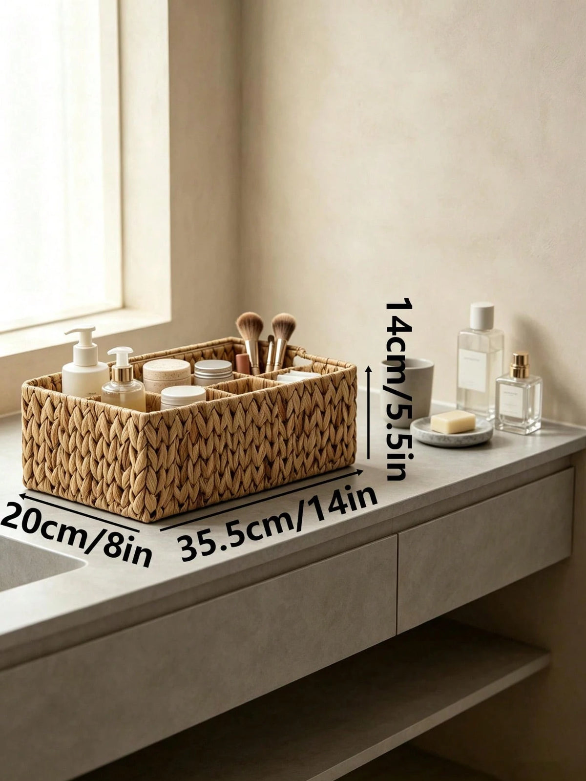 1pc Woven Divided Storage Basket Multi Compartment Bathroom Vanity Organizer Caddy Rustic Wicker Tray Makeup Skincare Toiletries Kitchen Countertop Home Decor Gift For Her Bedroom Living Room