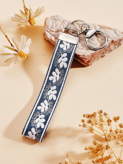 1pc Zinc Alloy Keychain, Wrist Keychain, Blue And White Silver Wire Print Woven Strap Keychain, Women's Car Keychain, Women's Exquisite Bag Charm Keychain, Women's Fashion Woven Strap Keychain, Univer