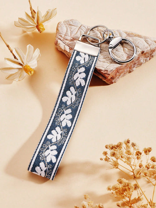 1pc Zinc Alloy Keychain, Wrist Keychain, Blue And White Silver Wire Print Woven Strap Keychain, Women's Car Keychain, Women's Exquisite Bag Charm Keychain, Women's Fashion Woven Strap Keychain, Univer