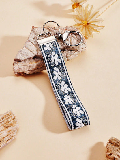 1pc Zinc Alloy Keychain, Wrist Keychain, Blue And White Silver Wire Print Woven Strap Keychain, Women's Car Keychain, Women's Exquisite Bag Charm Keychain, Women's Fashion Woven Strap Keychain, Univer