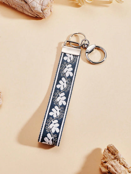 1pc Zinc Alloy Keychain, Wrist Keychain, Blue And White Silver Wire Print Woven Strap Keychain, Women's Car Keychain, Women's Exquisite Bag Charm Keychain, Women's Fashion Woven Strap Keychain, Univer