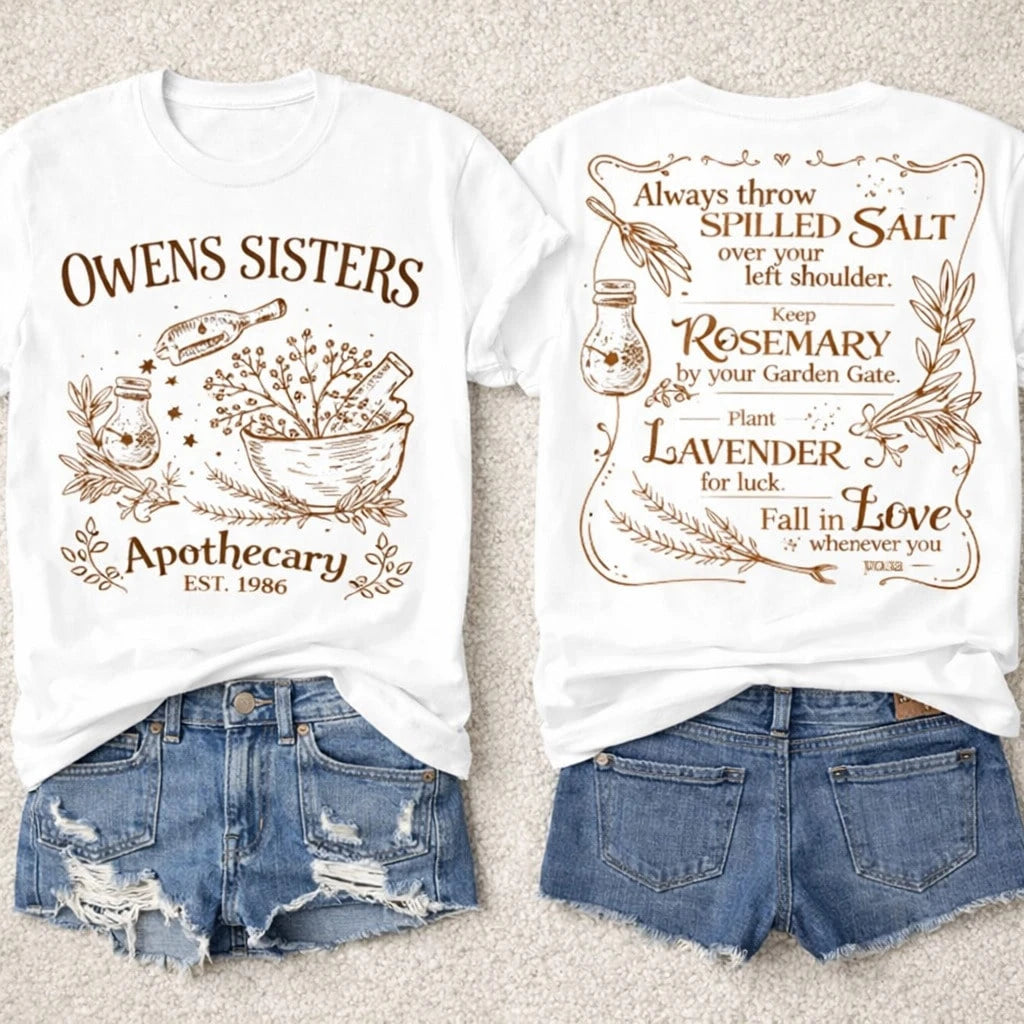 1PC,Plus Size Women's Cotton T-Shirt With Owens Sisters Apothecary 1986 Graphic T-Shirt With Witchy Quotes And Herb Illustrations Everyday Wear