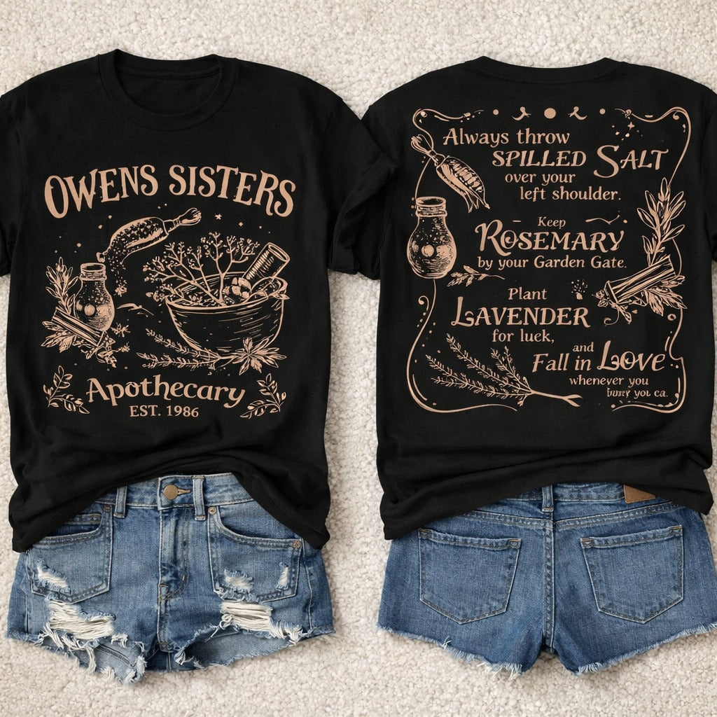 1PC,Plus Size Women's Cotton T-Shirt With Owens Sisters Apothecary 1986 Graphic T-Shirt With Witchy Quotes And Herb Illustrations Everyday Wear