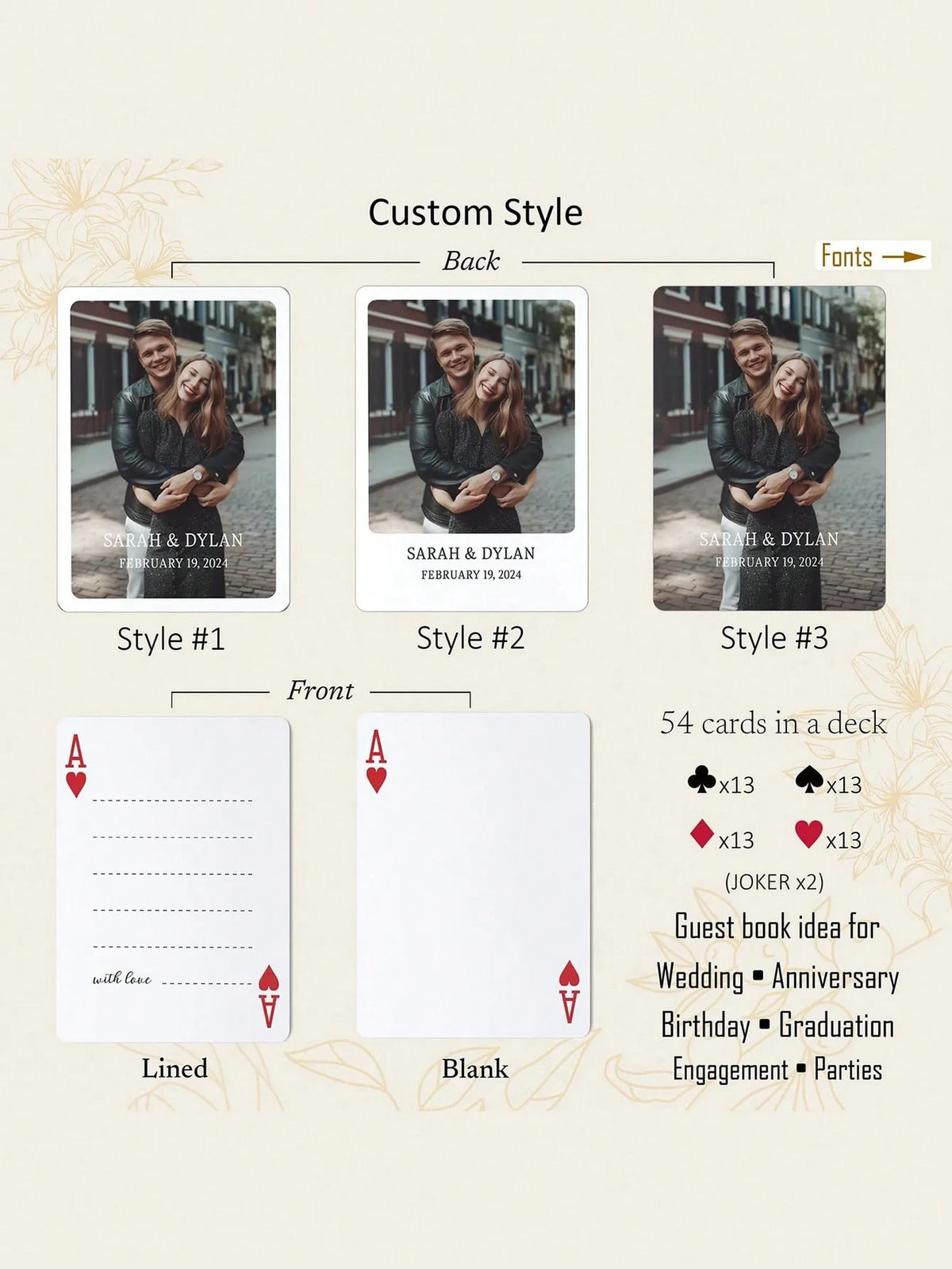 1set/54pcs Custom Guest Book Cards, Wedding Guest Book Alternative, Personalized Wedding Gift, Custom Photo And Text Playing Cards, Custom Couple Picture Playing Cards With Text, For Valentine's Day