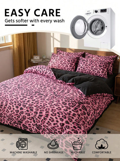 2/3 Piece Pink Leopard Print Duvet Cover Set, Bedding, Bedroom Decor, Breathable And Soft, No Duvet Insert, Suitable For Twin/Full/Queen/King Size Beds, All Season, Home Textile, Machine Washable