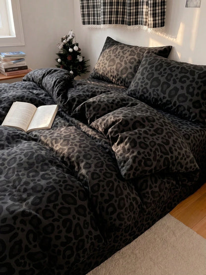 2/3Pcs Ins Style Fashion Black Dark Grey Leopard Print Duvet Cover Set, No Comforter Filler, Ultra Soft Breathable All Season Bedding, 1 Duvet Cover With 1/2 Pillowcases, Two Tone Design, Machine Wash