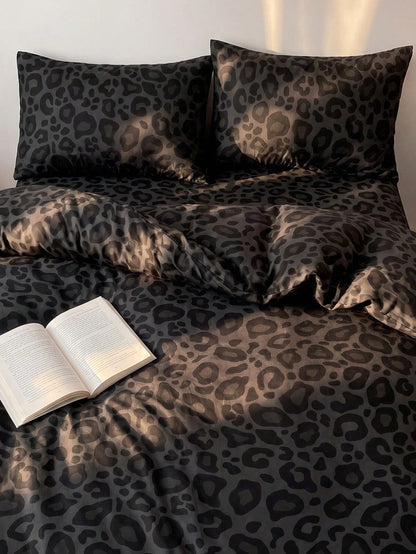 2/3Pcs Ins Style Fashion Black Dark Grey Leopard Print Duvet Cover Set, No Comforter Filler, Ultra Soft Breathable All Season Bedding, 1 Duvet Cover With 1/2 Pillowcases, Two Tone Design, Machine Wash