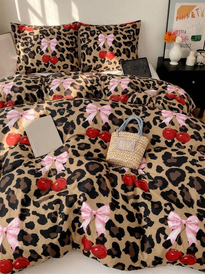 2/3Pcs Ins Style Fashion Black Dark Grey Leopard Print Duvet Cover Set, No Comforter Filler, Ultra Soft Breathable All Season Bedding, 1 Duvet Cover With 1/2 Pillowcases, Two Tone Design, Machine Wash