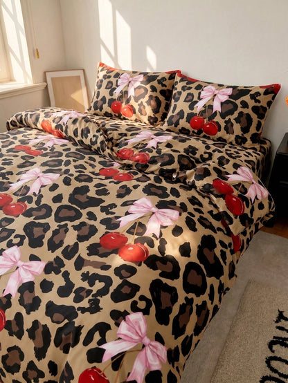 2/3Pcs Ins Style Fashion Black Dark Grey Leopard Print Duvet Cover Set, No Comforter Filler, Ultra Soft Breathable All Season Bedding, 1 Duvet Cover With 1/2 Pillowcases, Two Tone Design, Machine Wash