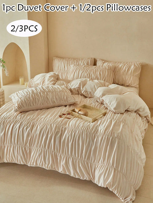 2/3pcs Khaki Ruched Pleated Duvet Cover Set, Modern Luxury Style Polyester Bedding Set Suitable For All Seasons, Minimalist Bedroom/Guest Room Decor Duvet Cover, Soft And Breathable, Machine Washable