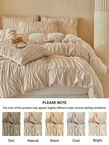 2/3pcs Khaki Ruched Pleated Duvet Cover Set, Modern Luxury Style Polyester Bedding Set Suitable For All Seasons, Minimalist Bedroom/Guest Room Decor Duvet Cover, Soft And Breathable, Machine Washable