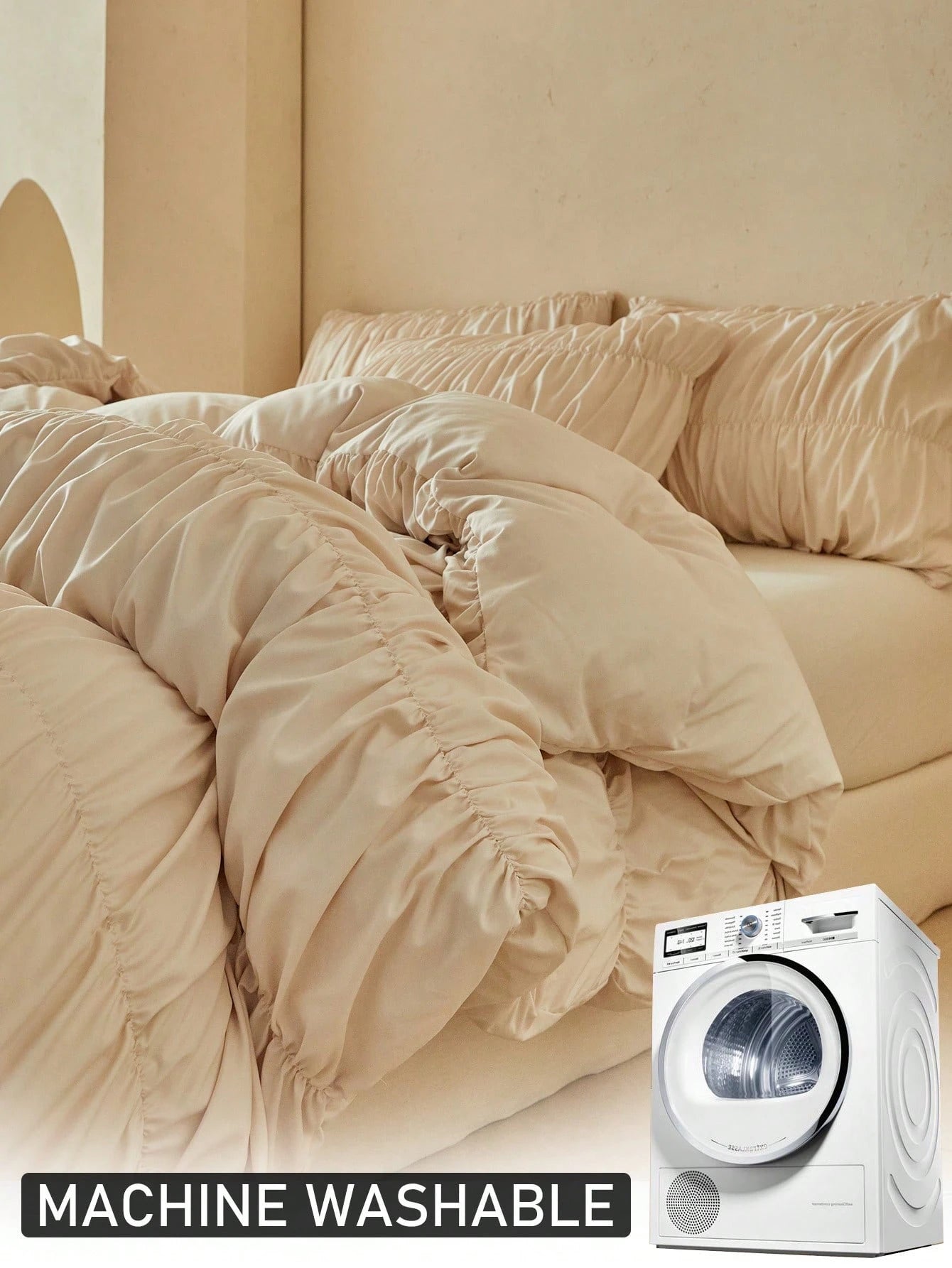 2/3pcs Khaki Ruched Pleated Duvet Cover Set, Modern Luxury Style Polyester Bedding Set Suitable For All Seasons, Minimalist Bedroom/Guest Room Decor Duvet Cover, Soft And Breathable, Machine Washable