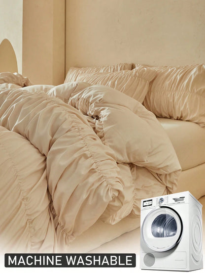 2/3pcs Khaki Ruched Pleated Duvet Cover Set, Modern Luxury Style Polyester Bedding Set Suitable For All Seasons, Minimalist Bedroom/Guest Room Decor Duvet Cover, Soft And Breathable, Machine Washable