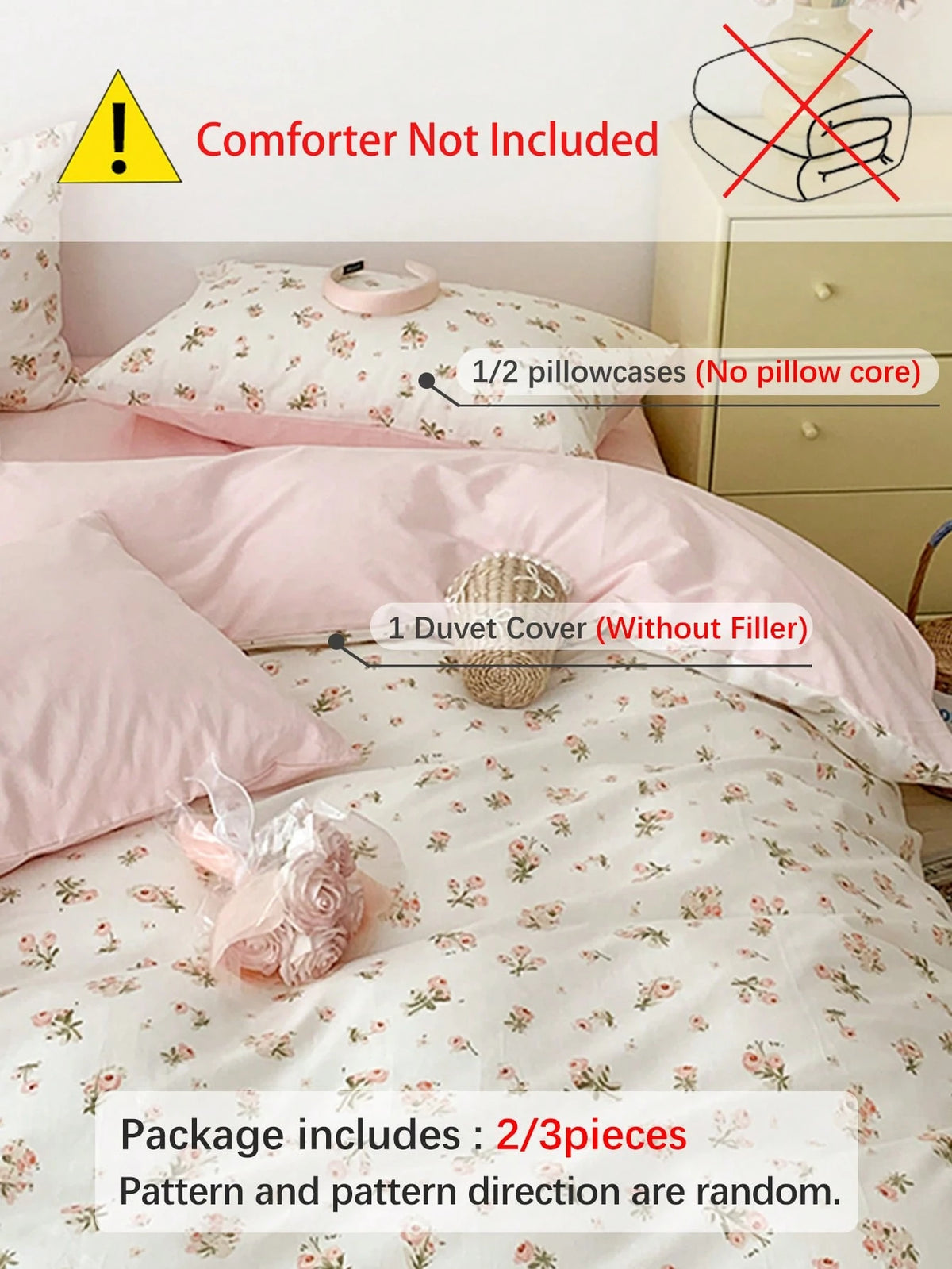 2/3pcs Pink Floral Duvet Cover Set, Bedding, Ultra Soft Skin-Friendly Duvet Cover, Suitable For Dormitory, Washable Duvet Cover, Ditsy Floral Pattern Duvet Cover Set, Without Duvet Insert, Suitable Fo