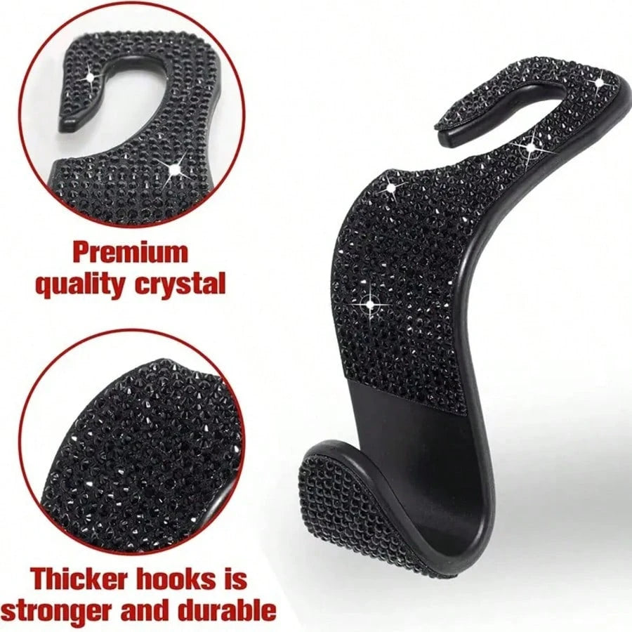 2/4pcs Black & White Diamond Car Seat Back Hooks, Carefully Selected High-Quality Black And White Diamonds, Meticulously Inlaid, Reflecting Alluring Brilliance Under Car Interior Lighting, Instantly E