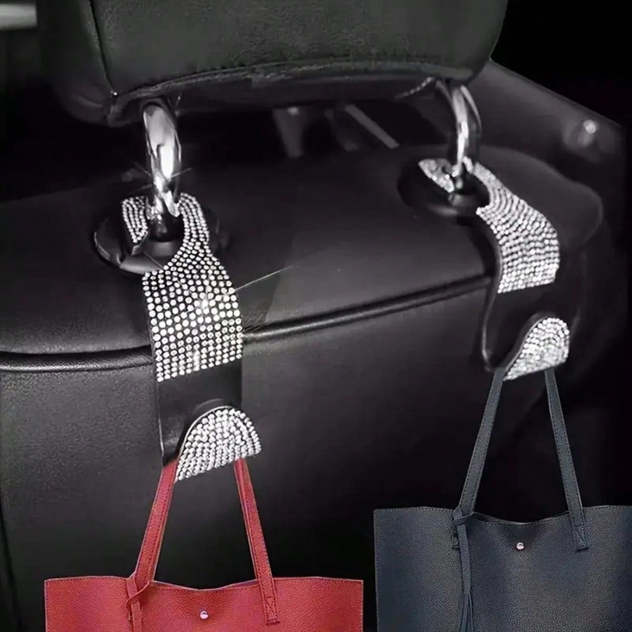2/4pcs Black & White Diamond Car Seat Back Hooks, Carefully Selected High-Quality Black And White Diamonds, Meticulously Inlaid, Reflecting Alluring Brilliance Under Car Interior Lighting, Instantly E