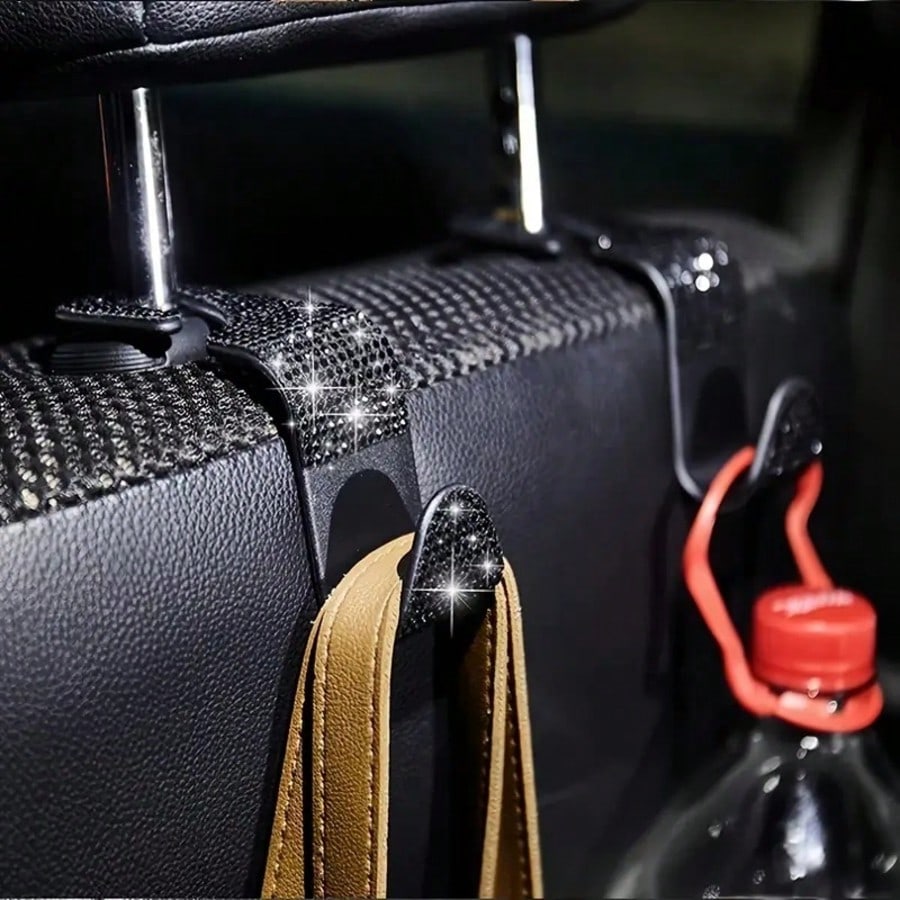 2/4pcs Black & White Diamond Car Seat Back Hooks, Carefully Selected High-Quality Black And White Diamonds, Meticulously Inlaid, Reflecting Alluring Brilliance Under Car Interior Lighting, Instantly E