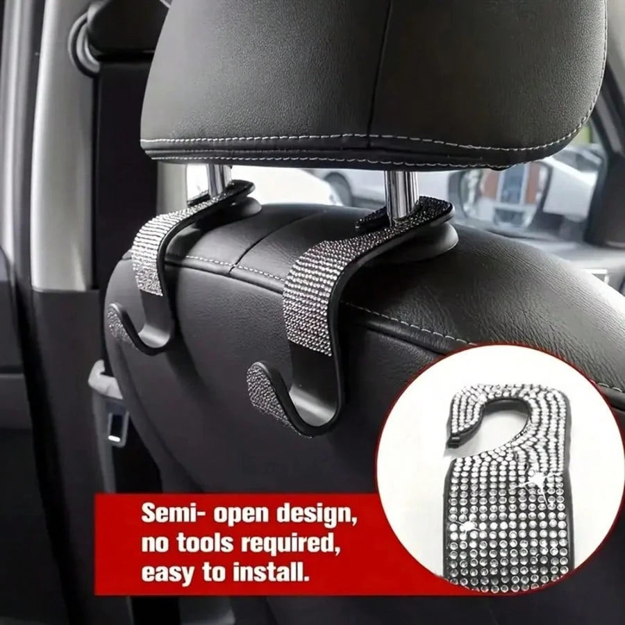 2/4pcs Black & White Diamond Car Seat Back Hooks, Carefully Selected High-Quality Black And White Diamonds, Meticulously Inlaid, Reflecting Alluring Brilliance Under Car Interior Lighting, Instantly E