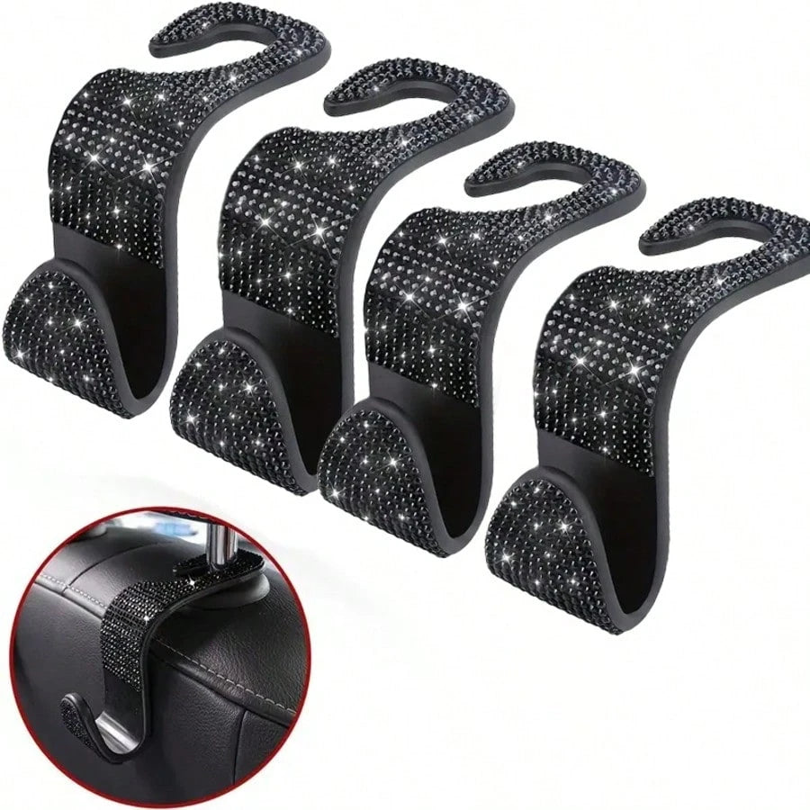 2/4pcs Black & White Diamond Car Seat Back Hooks, Carefully Selected High-Quality Black And White Diamonds, Meticulously Inlaid, Reflecting Alluring Brilliance Under Car Interior Lighting, Instantly E