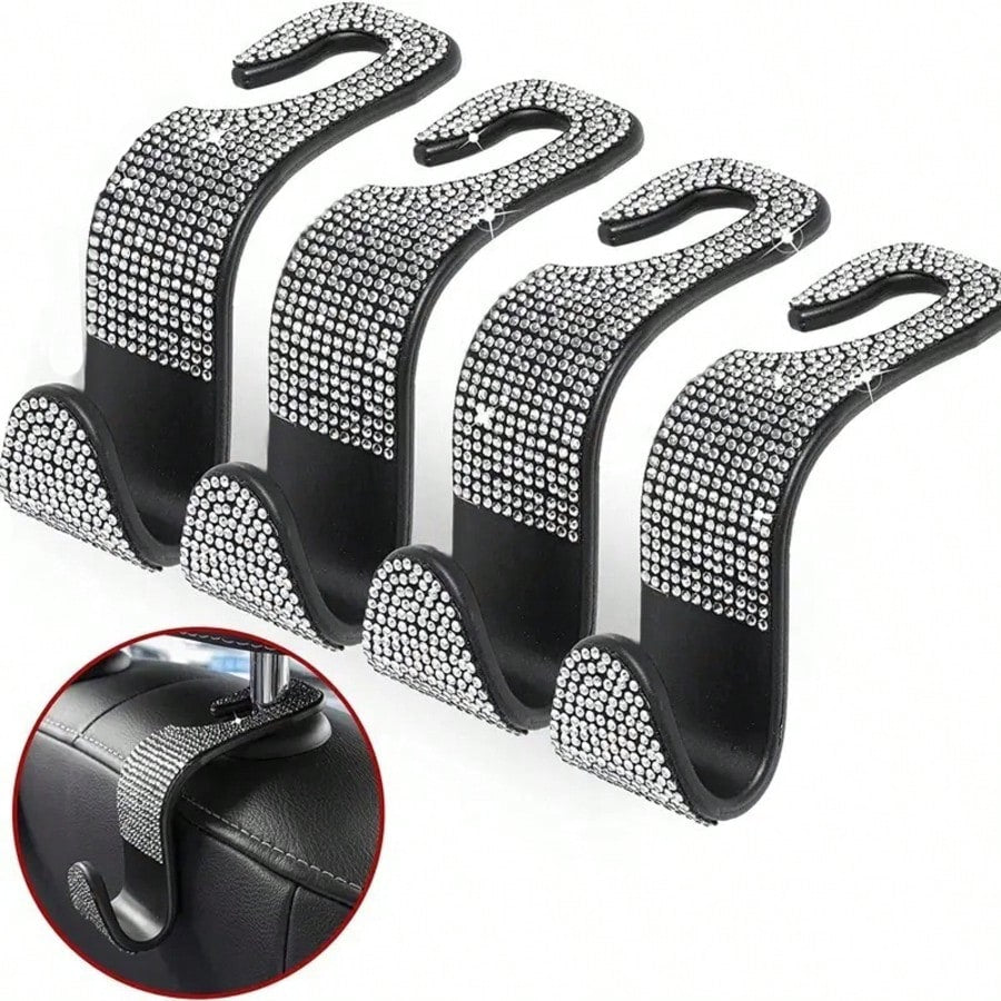 2/4pcs Black & White Diamond Car Seat Back Hooks, Carefully Selected High-Quality Black And White Diamonds, Meticulously Inlaid, Reflecting Alluring Brilliance Under Car Interior Lighting, Instantly E