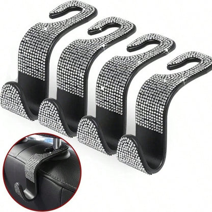 2/4pcs Black & White Diamond Car Seat Back Hooks, Carefully Selected High-Quality Black And White Diamonds, Meticulously Inlaid, Reflecting Alluring Brilliance Under Car Interior Lighting, Instantly E