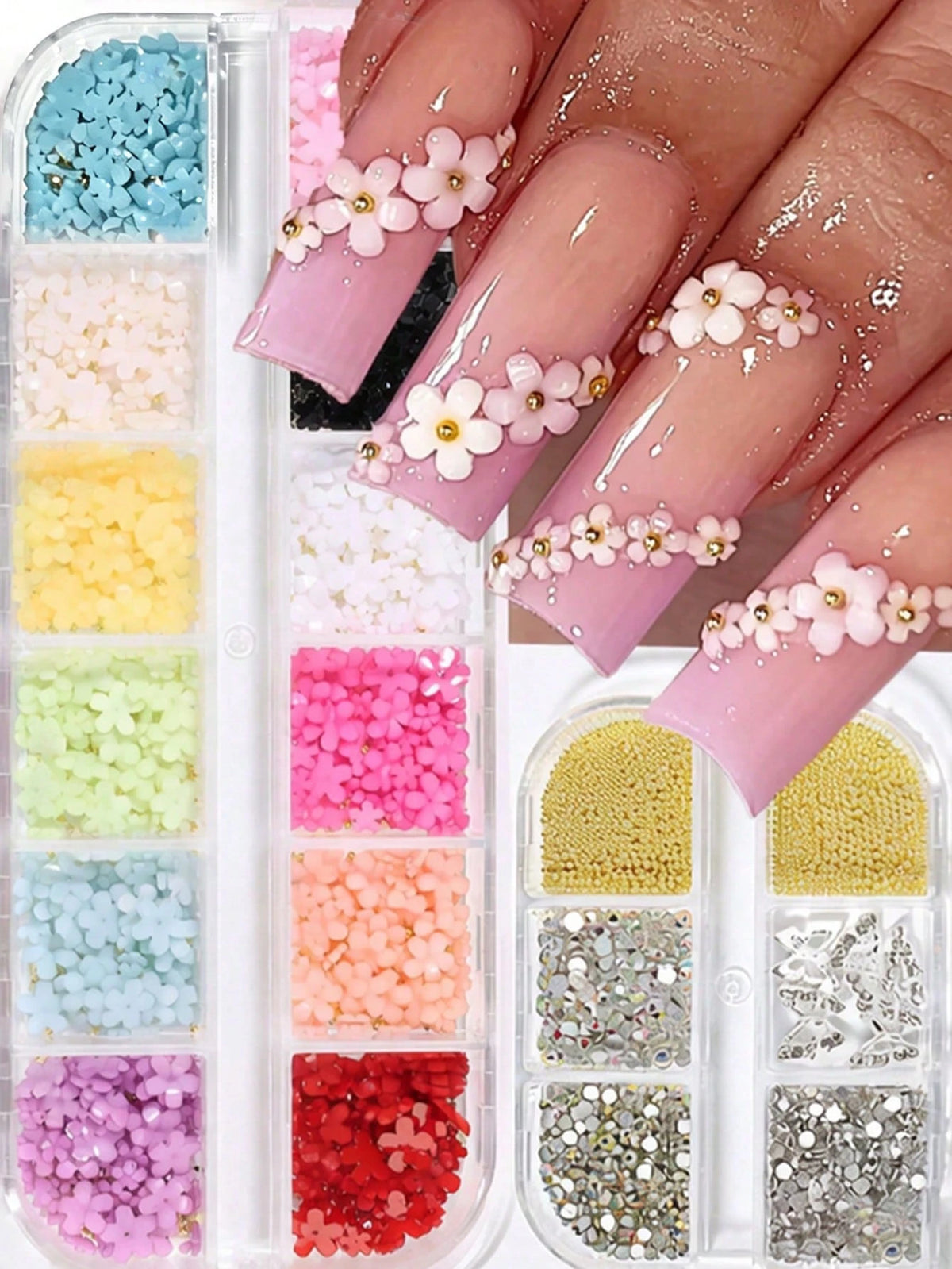 2 Boxes Floral Design Nail Art Decorations, Mixed Gold & Silver Beads, Rhinestones, New Popular Nail Stickers Nail Charms