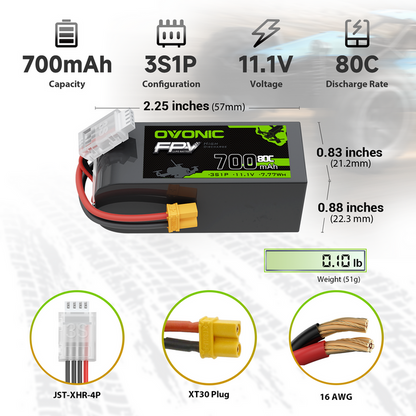 2× OVONIC 11.1V 80C 700mAh 3S LiPo Battery with XT30 Plug for OMPHOBBY M2 RC Helicopter Mikado LOGO200